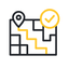 Icon of a map with a route and checkmark, representing smart job assignment